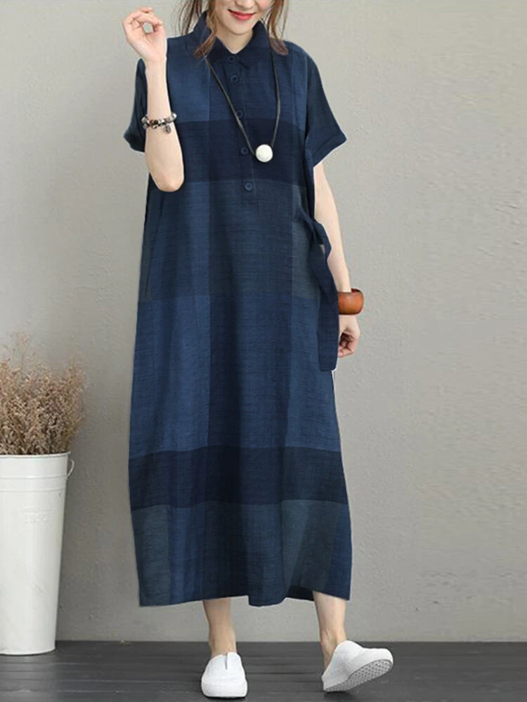 Check Print Pocket Button Front Short Sleeve Lapel Dress 3 Check Print Pocket Button Front Short Sleeve Lapel Dress - Image 3