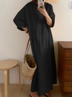 Solid Long Sleeve Round Neck Casual Cotton Maxi Dress -Zanzea Shop 700893cf 7e1a 4456 8647 3b5607c0b953