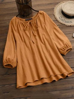 Solid Color Knotted Puff Sleeve Plus Size Blouse For Women -Zanzea Shop 7020aa88 a345 4e07 9eee 4864f5cde7ee