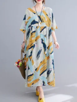 Abstract Painted Loose O-neck Half Sleeve Women Vintage Dress -Zanzea Shop 70337339 b571 4c19 a8fd a33b206bf36a