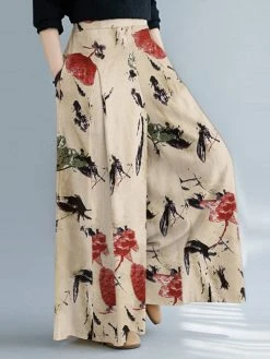 Plants Print Pocket Wide Leg Elastic Waist Loose Pants Women -Zanzea Shop 7050aee5 bd78 4bad 98af b56ccda9b64e