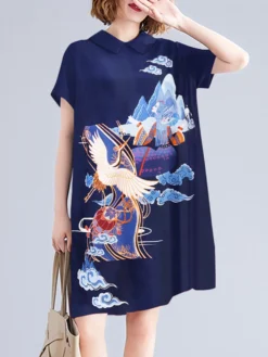 National Style Pattern Pocket Short Sleeve Midi Dress