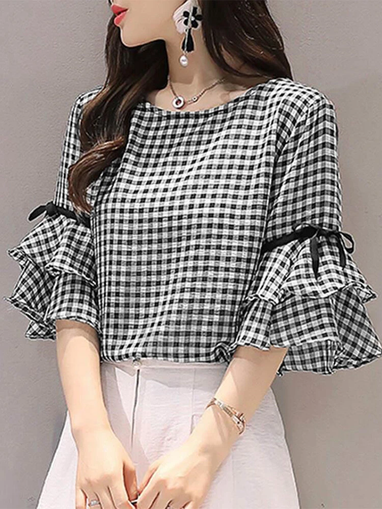 Plaid Knotted Patchwork Ruffle Sleeve Round Neck Blouse 3 Plaid Knotted Patchwork Ruffle Sleeve Round Neck Blouse - Image 3