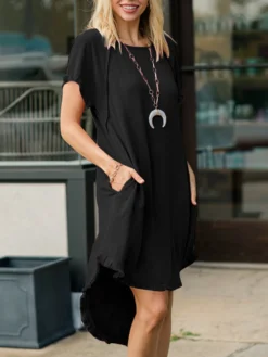 Women Solid Crew Neck Ruffle Trim Casual Short Sleeve Dress -Zanzea Shop 70a0b251 b575 4730 9587 ba70983feb62