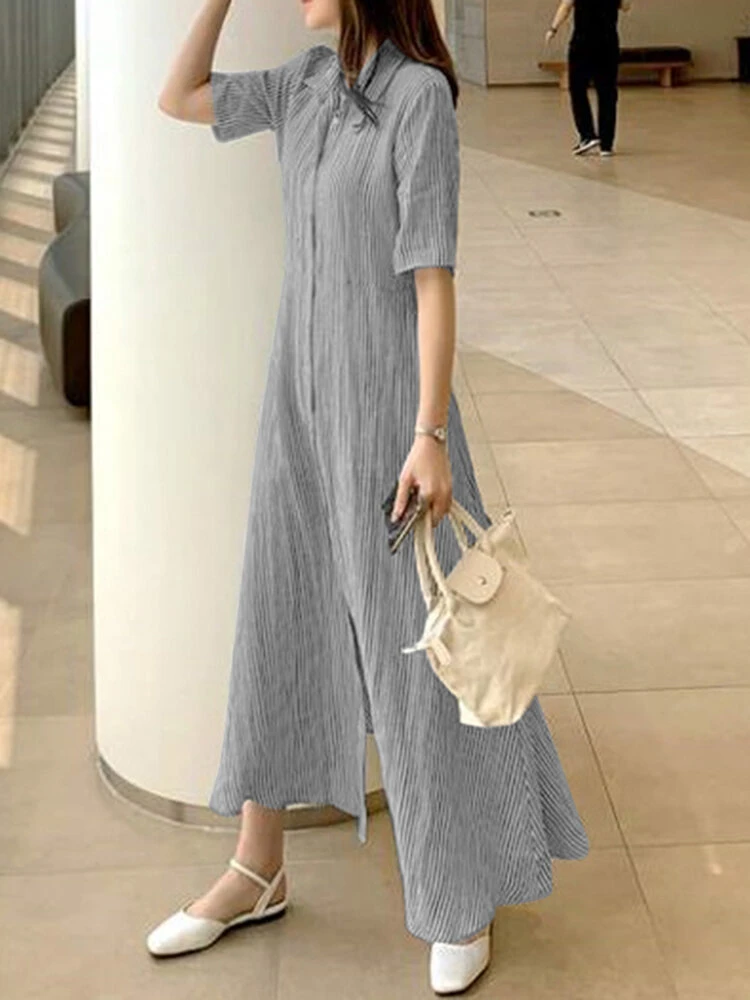 Striped Print Short Sleeve Lapel Button Shirt Dress 8 Striped Print Short Sleeve Lapel Button Shirt Dress - Image 8