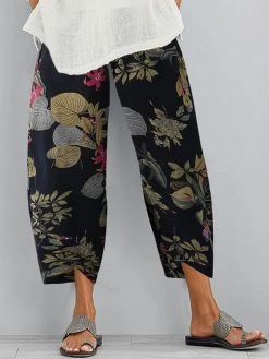 Vintage Print Elastic Waist Casual Pants For Women