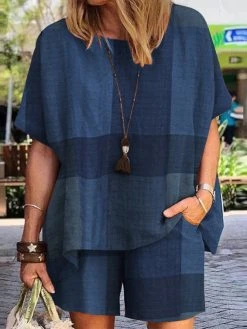 Check Pattern Pocket Dolman Sleeve Two Pieces Suit