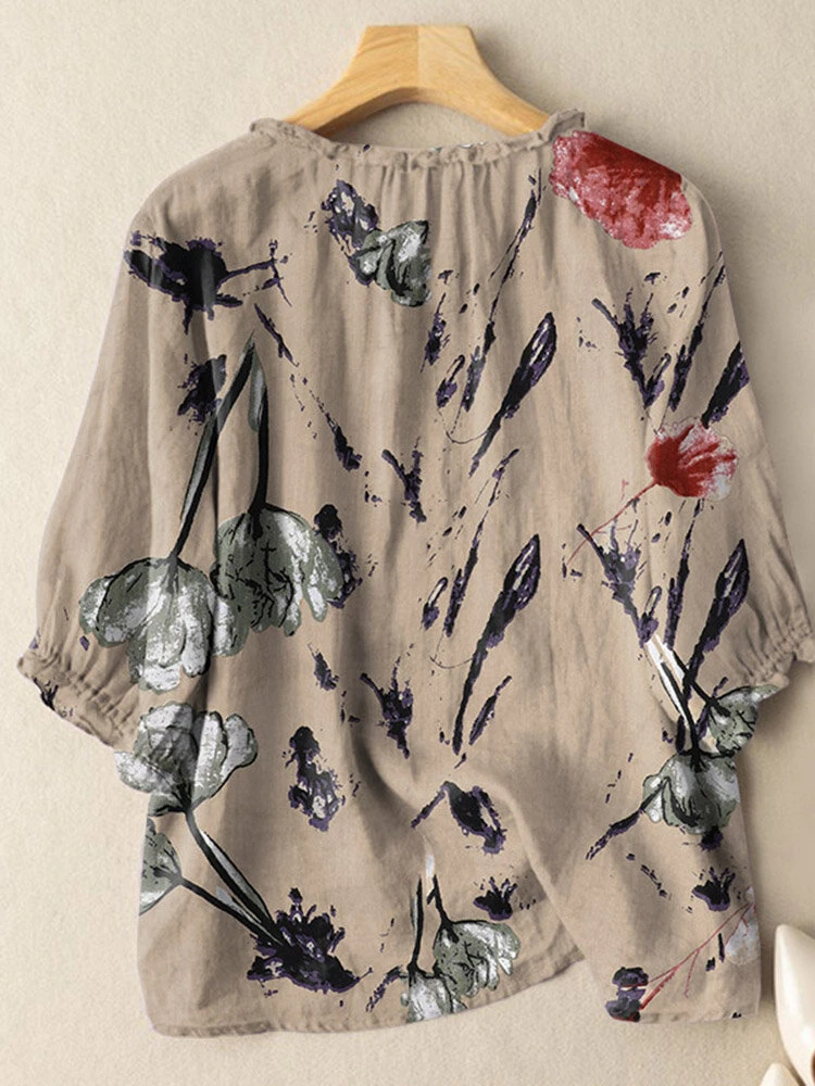 Plants Print 3/4 Sleeve Crew Neck Button Blouse 2 Plants Print 3/4 Sleeve Crew Neck Button Blouse - Image 2
