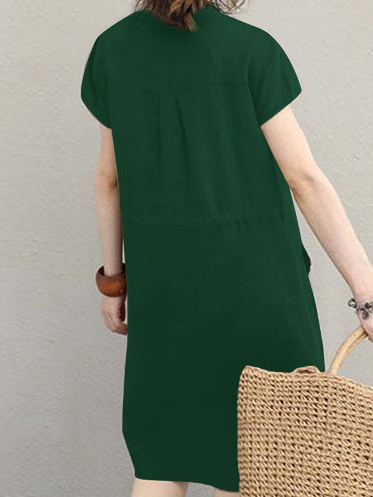 Solid Short Sleeve Pocket Drawstring Button Dress 8 Solid Short Sleeve Pocket Drawstring Button Dress - Image 8