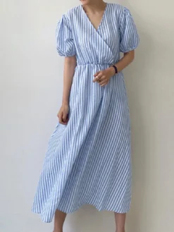 Puff Sleeve Wrap V-neck Stripe Print Midi Dress
