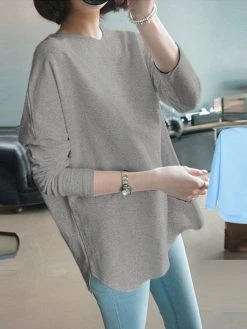 Solid Curved Hem Loose Long Sleeve Crew Neck T-shirt 17 Solid Curved Hem Loose Long Sleeve Crew Neck T-shirt -Zanzea Shop 711a9a5a 42f4 4fb8 8b71 76f88424b6ef