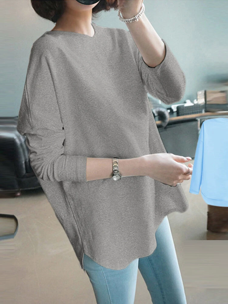 Solid Curved Hem Loose Long Sleeve Crew Neck T-shirt 8 Solid Curved Hem Loose Long Sleeve Crew Neck T-shirt - Image 8
