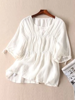 Leisure Solid Tie-Up At Cuff Ruched Round Neck Cotton Blouse