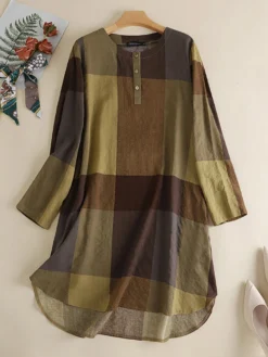 Check Pattern High-low Hem Long Sleeve Dress