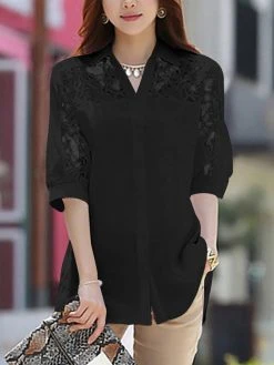Lace Panel Solid Button Front Lapel Half Sleeve Shirt 21 Lace Panel Solid Button Front Lapel Half Sleeve Shirt -Zanzea Shop 71434025 418c 4db2 9502 bbe90e36edd7