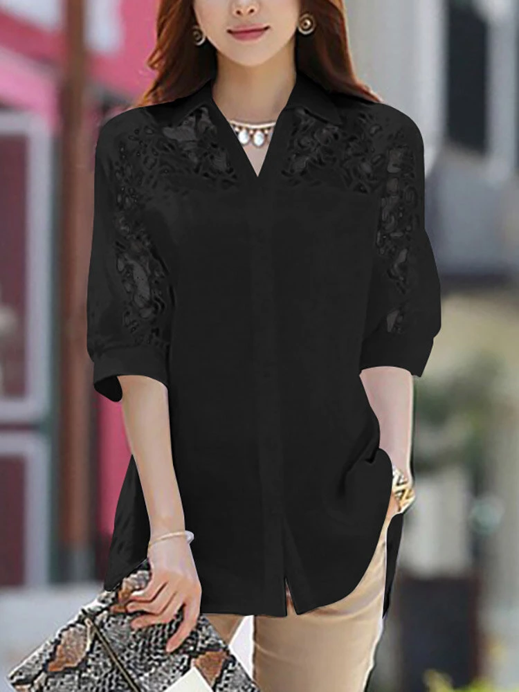 Lace Panel Solid Button Front Lapel Half Sleeve Shirt 10 Lace Panel Solid Button Front Lapel Half Sleeve Shirt - Image 10