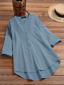Solid Button Pocket High-Low Hem Casual Cotton Blouse -Zanzea Shop 7175fada 7ddf 4c66 9ab4 2bbfee2ad324