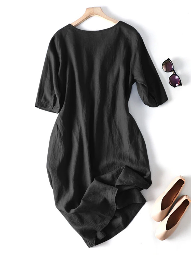 Solid Shirred Pocket Half Sleeve Crew Neck Dress 2 Solid Shirred Pocket Half Sleeve Crew Neck Dress - Image 2