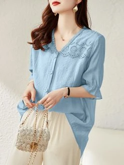Lace Panel Button Front Loose Half Sleeve V-neck Blouse -Zanzea Shop 71c233e5 b076 4e0b 9f56 66f0c2251640