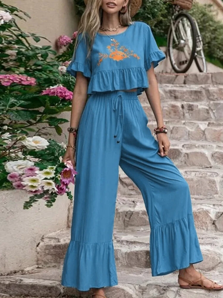 Embroidery Drawstring Waist Ruffle Wide Leg Two Pieces Suit 3 Embroidery Drawstring Waist Ruffle Wide Leg Two Pieces Suit - Image 3