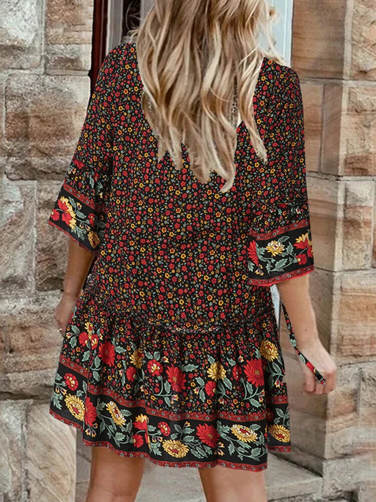 Bohemian Allover Floral Print V-neck Dress For Women 2 Bohemian Allover Floral Print V-neck Dress For Women - Image 2