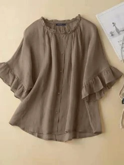 Women Solid Ruffle Sleeve Crew Neck Casual Blouse -Zanzea Shop 721c8439 acb0 40d1 8526 e61774e5d9c2