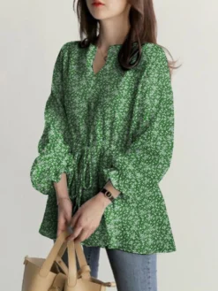 Allover Floral Print Drawstring Waist Notch Neck Blouse -Zanzea Shop 722e2446 bb75 4bf1 81d9 6d33fcf327ff