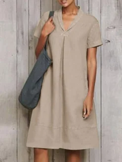 Women Solid Pleated Lapel Cotton Short Sleeve Dress