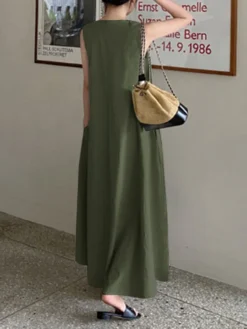 Solid Sleeveless Pocket Swing Crew Neck Cotton Maxi Dress -Zanzea Shop 728a3d76 5af5 4539 8c41 c231aaa78b40