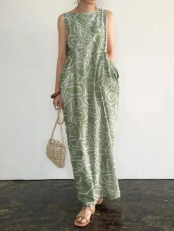 Sleeveless Round Neck Pocket Print Paisley Maxi Dress
