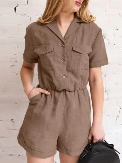 Solid Pocket Button Front Short Sleeve Lapel Cargo Romper -Zanzea Shop 72cb6935 92d8 4bb1 866b d0a59dea05e8