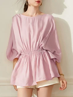 Elastic Waist Solid 3/4 Sleeve Crew Neck Loose Blouse -Zanzea Shop 72f32fa7 7464 4ad6 8dda 1dcf8357f857