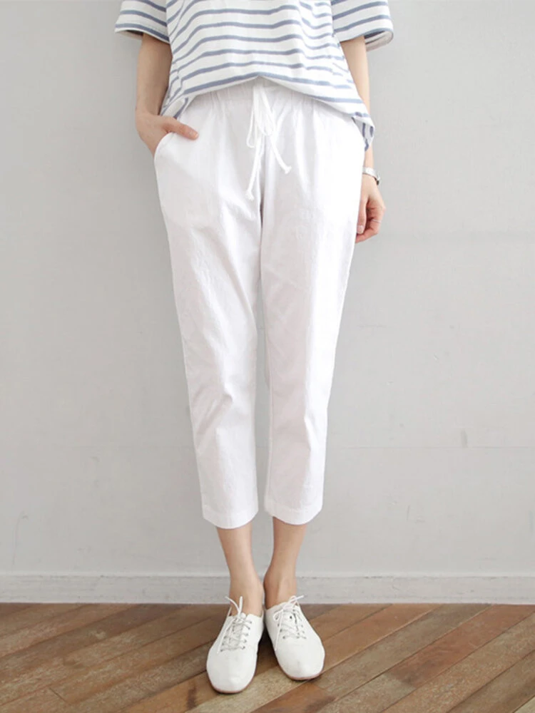 Leisure Solid Drawstring Pocket Cotton Pants 2 Leisure Solid Drawstring Pocket Cotton Pants - Image 2