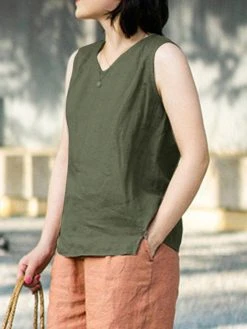 Solid V-neck Slit Hem Sleeveless Casual Tank Top -Zanzea Shop 73144c00 3373 4480 8345 c3d55a064219