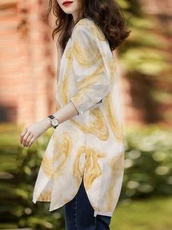 Marble Pattern Slit Hem Loose Button Front Blouse -Zanzea Shop 73162f4f f158 4564 8834 81e536d90a4e