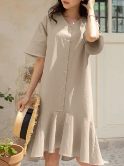 Women Solid Ruffle Sleeve V-neck Button Mermaid Dress