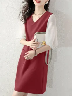Contrast Dual Pocket 3/4 Sleeve V-neck Casual Dress -Zanzea Shop 735c4be1 aca4 4df1 a7d2 d2906ca627a4