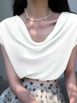 Cowl Neck Solid Satin Short Sleeve Blouse For Women