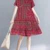 Vintage Print Short Sleeve Crew Neck Dress