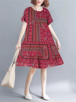 Vintage Print Short Sleeve Crew Neck Dress