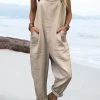 Women Solid Color Double Pocket Casual Overall Jumpsuit