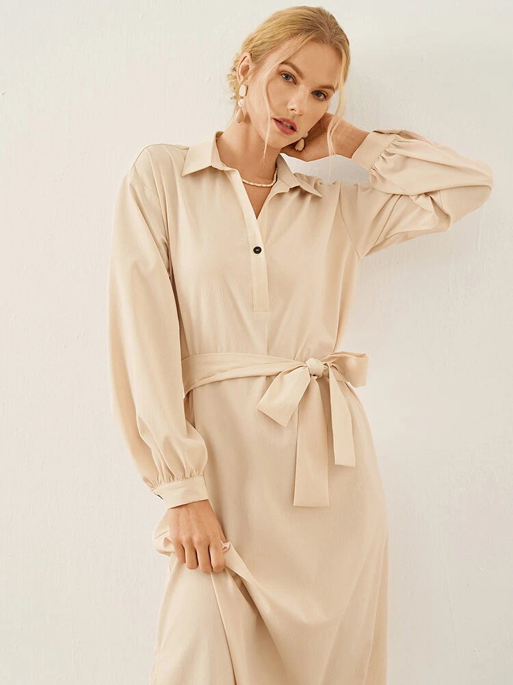 Solid Long Sleeve Button Lapel Shirt Dress With Belt 7 Solid Long Sleeve Button Lapel Shirt Dress With Belt - Image 7