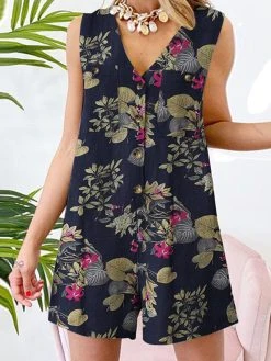 Plant Print Pocket Button Sleeveless V Neck Casual Cotton Romper -Zanzea Shop 745ad27a f522 4593 99a5 8990978d3f05