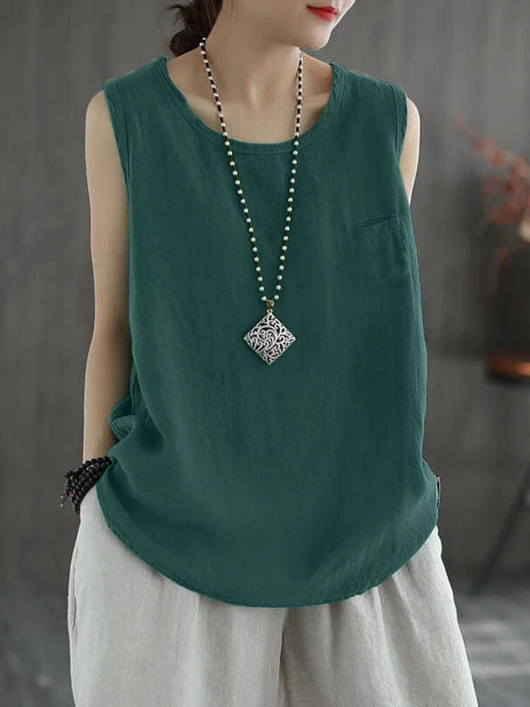 Women Solid Crew Neck Cotton Sleeveless Tank Top 5 Women Solid Crew Neck Cotton Sleeveless Tank Top - Image 5