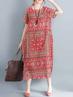 Vintage Allover Tribal Pattern Slit Hem Short Sleeve Dress -Zanzea Shop 74b4ff86 338a 4327 8949 f583039fa748