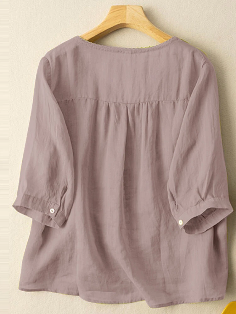 Women Lace Trim V-Neck Cotton Plain 3/4 Sleeve Blouse 4 Women Lace Trim V-Neck Cotton Plain 3/4 Sleeve Blouse - Image 4