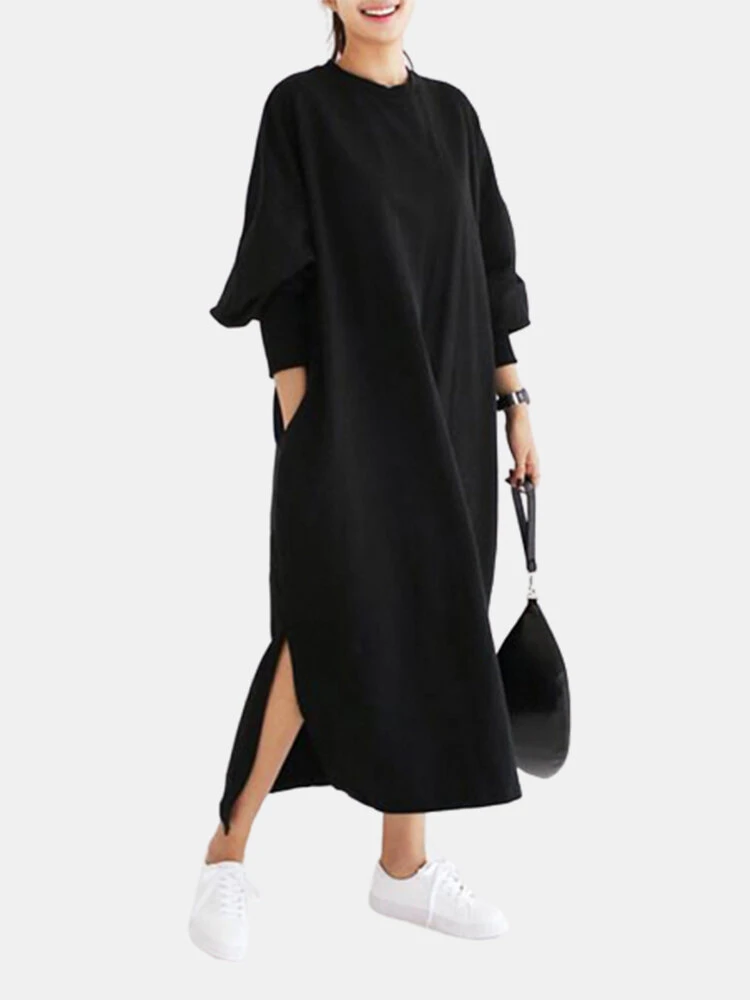 Casual O-neck Overhead Split Hem Long Sleeve Maxi Dress With Side Pockets 3 Casual O-neck Overhead Split Hem Long Sleeve Maxi Dress With Side Pockets - Image 3