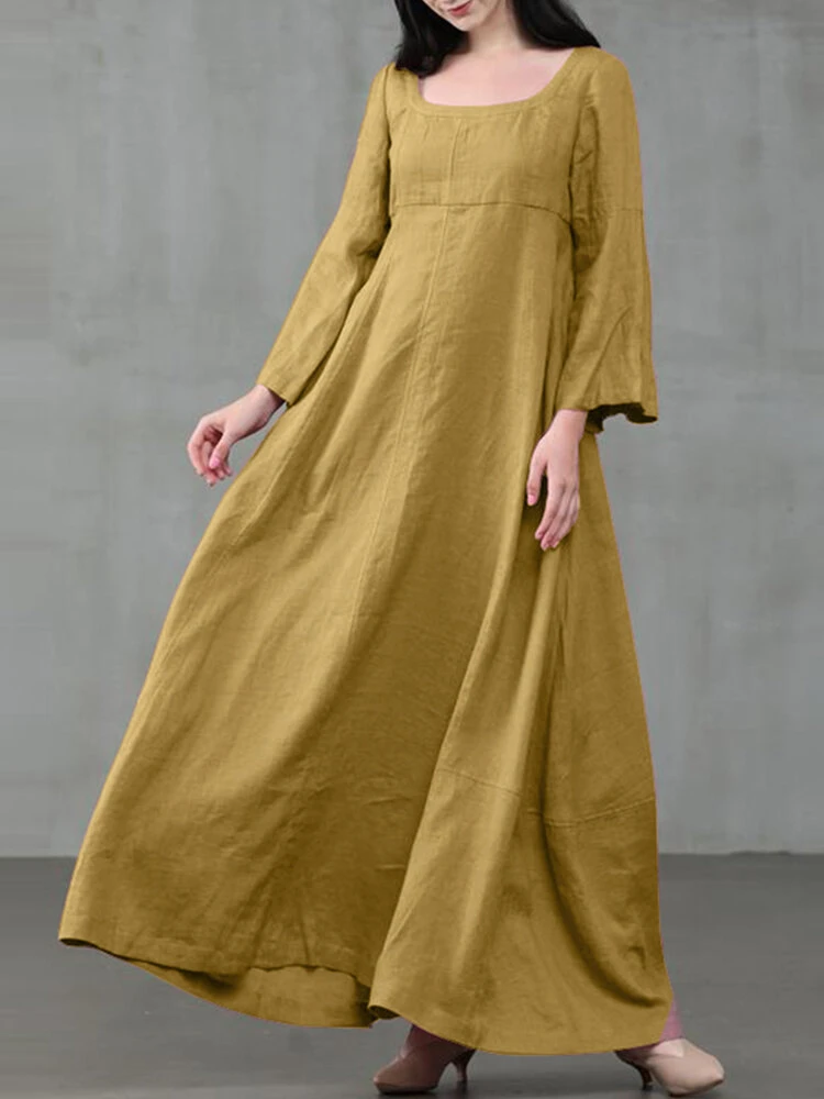 Solid Color A-Line Long Sleeve Maxi Cotton Loose Dress 3 Solid Color A-Line Long Sleeve Maxi Cotton Loose Dress - Image 3