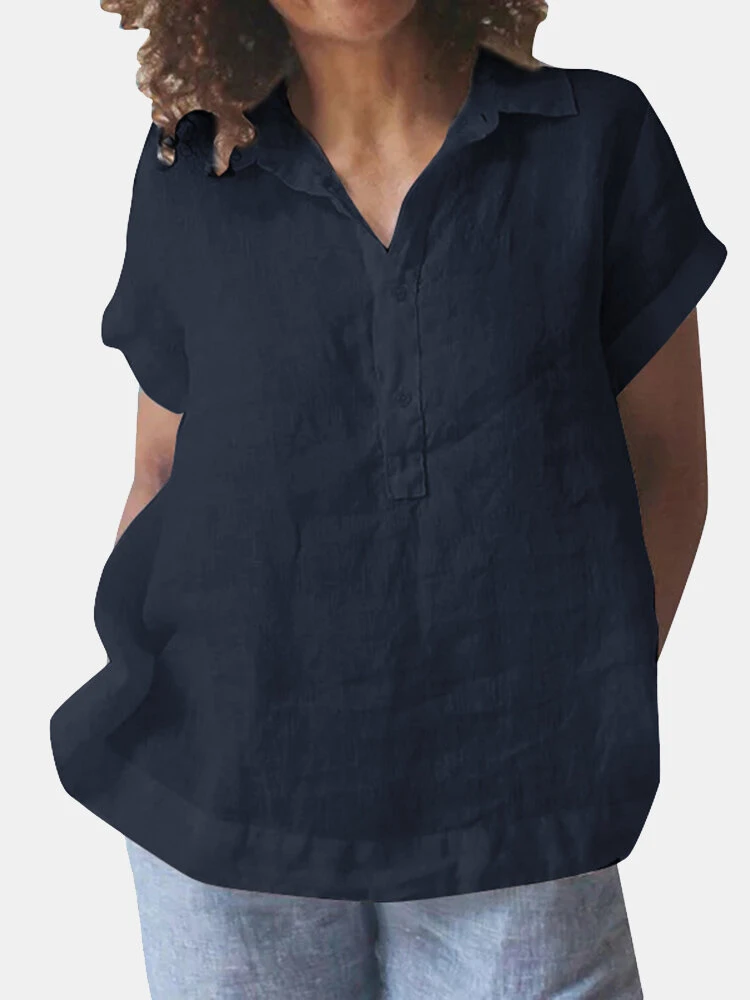 Solid Button Front Lapel Short Sleeve Casual Blouse 1 Solid Button Front Lapel Short Sleeve Casual Blouse