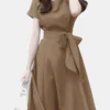 Solid A-line Short Sleeve Crew Neck Dress With Belt